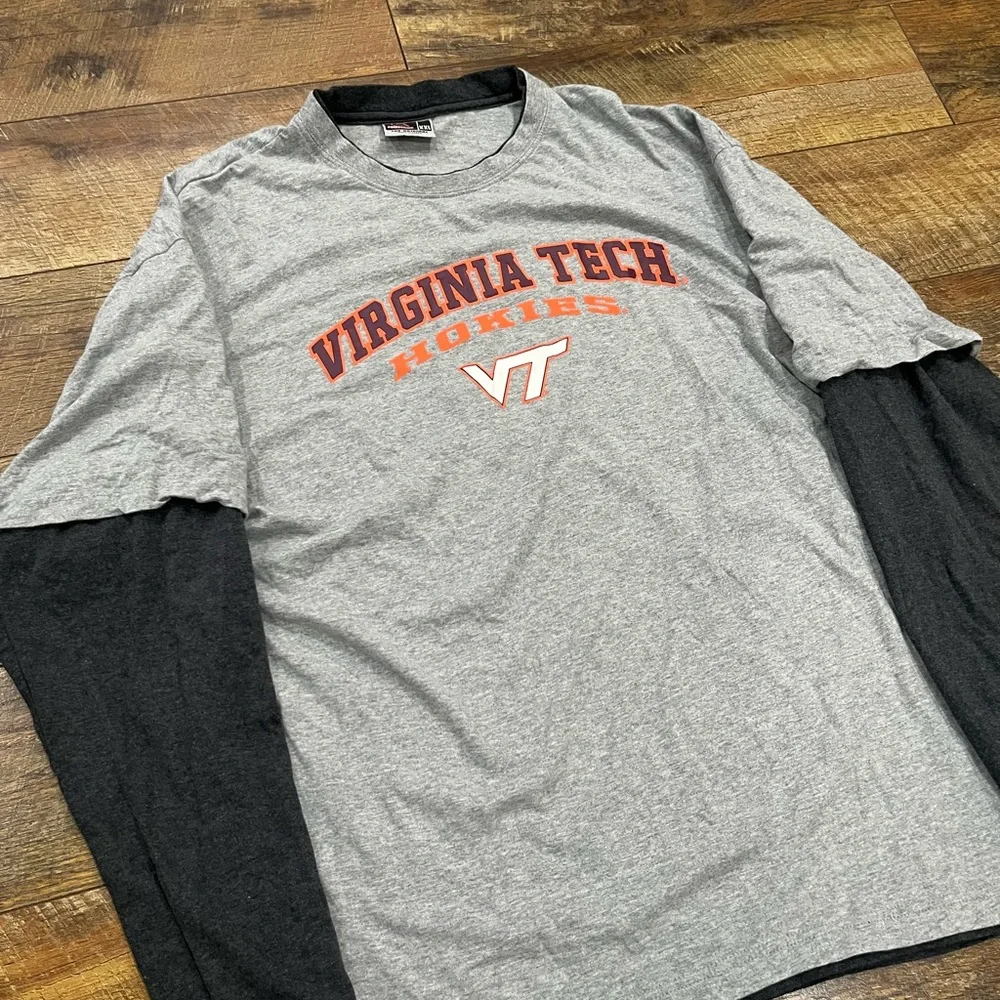 Vintage 90s Virginia Tech Hokies Layered Long Sleeve Graphic Tee‎ Shirt Grey XXL - Picture 2 of 4